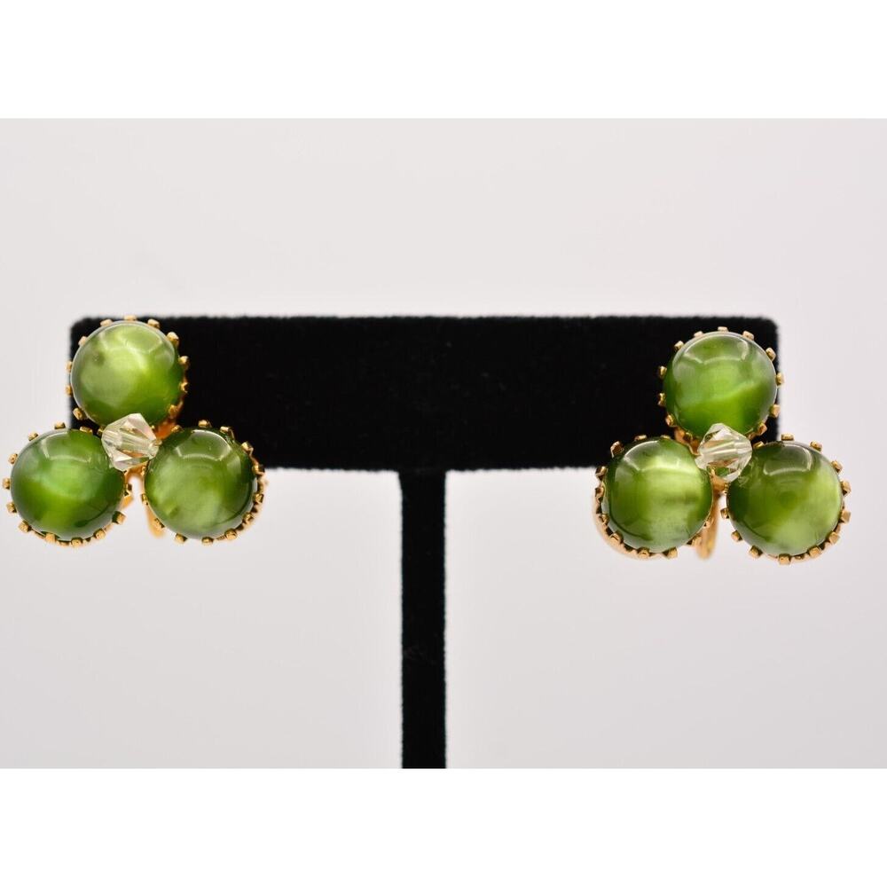 Vintage Cabochon Earrings Screw Back Green Rhinestone Crystal Gold 1970s BinAF
